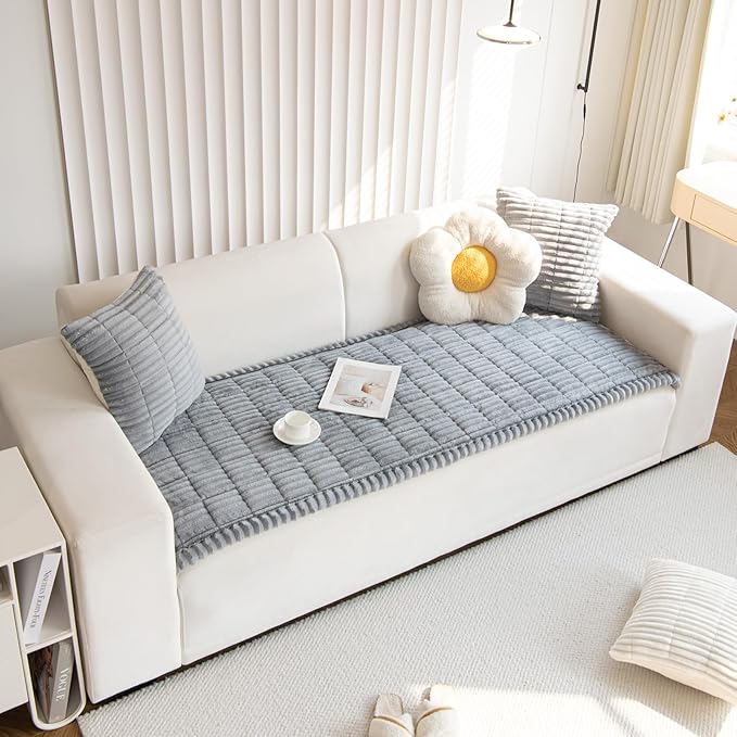 Faux Fur Plush Dog Couch Cover 3D Stripe Fuzzy Sofa Cover Non-Slip Fluffy Dog Bed Cover Pet Blanket Sofa Couch Furniture Protector for Puppy Large Dog Cat (Light Grey,35"x82")