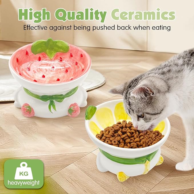 kathson Ceramic Raised Cat Bowl, 15° Tilted Elevated Cat Food Bowl, Raised Cat Food Bowls Anti Vomiting, Small Cat Feeding Bowlswith Stand for Protecting Spine, Strawberry Shaped Cute Kitten Bowl