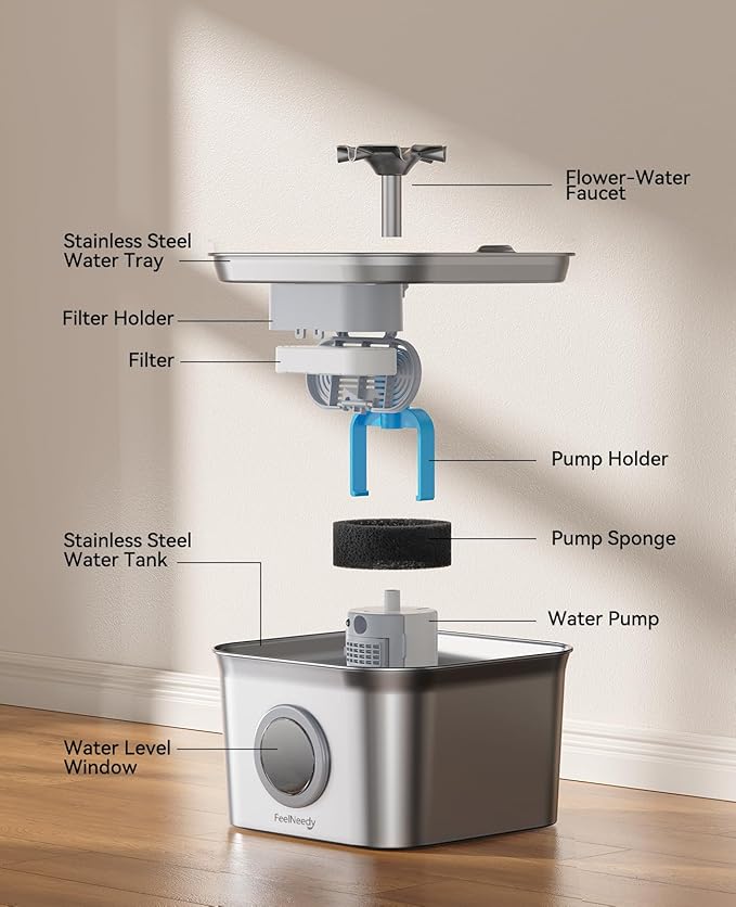 Stainless Steel Cat Water Fountain for Drinking, 99oz/2.8L Auto Pet Drinking Fountain for Cats Indoor with 20dB Ultra-Quiet Pump, 24/7 Circulation Filtration & LED Water Level Window& Dishwasher Safe