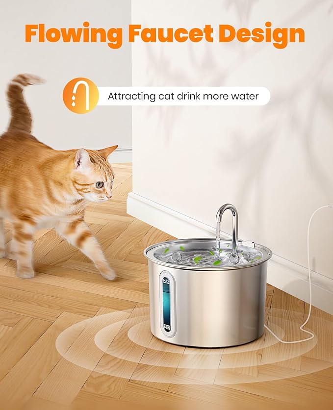 oneisall Stainless Steel Cat Water Fountain, 2L Water Fountains for Cats Indoor with Quiet Pump and 3 Replacement Filters, Pet Water Fountain Faucet Spout Design Cat Fountain Drinking Inside, PWF 001