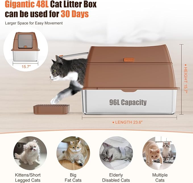 Stainless Steel Cat Litter Box with Lid Extra Large Open-Top Dual Entry Enclosed Metal Pan Tray with High Sides Pedal Scoop Non-Stick Anti-Leakage Easy Cleaning for Big Multi-Cat (Brown)