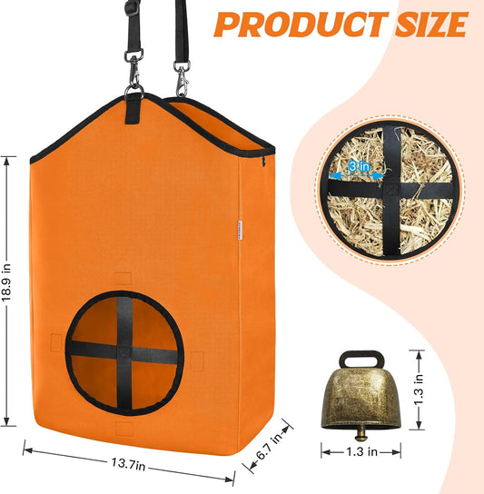3 PCS Goat Hay Feeder,Hay Bags for Horses,Goats,Donkeys with Reinforced Oxford Fabric and High Strength Metal Clasp,Horse Feeding Supplies with Adjustable Strap for Easy Hanging (2Orange+1Black)