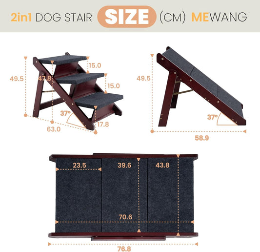 MEWANG Wooden Pet Stairs/Pet Steps - 3-in-1 Foldable Stairs & Ramp for Beds and Cars - Portable Dog/Cat Ladder Up to 220 Pounds - Great for Small and Older Animals(Brown) (24.8" L x 17.2" W x 19.5" H)