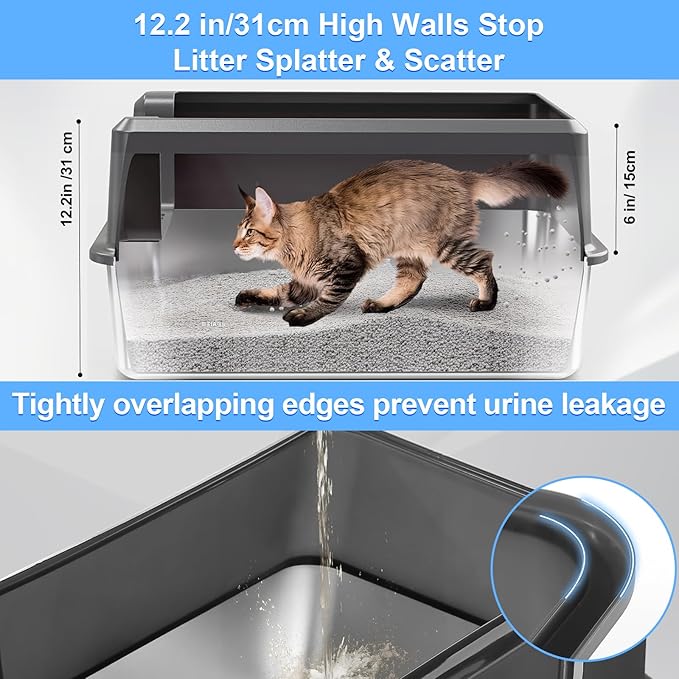 Marchul Stainless Steel Cat Litter Box with High Walls & Metal Scoop/Mat/Scoop Holder, XL Large for Multi-Cat Homes, Anti-Urine Leakage for Heavy Flow Cats