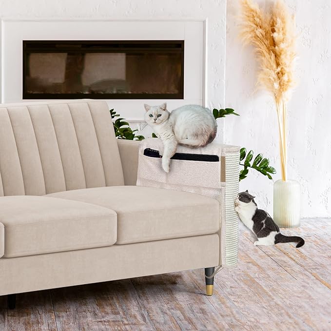 Cat Scratch Sofa Protector,27.6L*19.6Winch Cat Scratch Furniture Protector Pad Couch Arm Sheild with Natural Sisal for Protecting Couch Sofa Chair Furniture（Beige/Left Handed