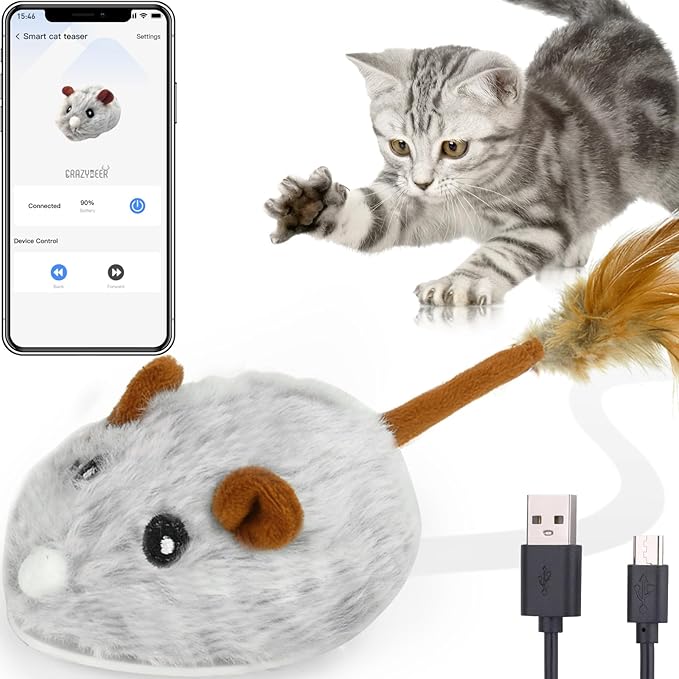 APP & Bluetooth Remote Control Cat Toy - Auto Moving, USB Rechargeable Interactive Mouse Toy for Indoor Cats - Gray