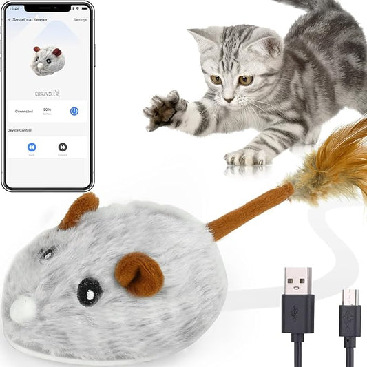 APP & Bluetooth Remote Control Cat Toy - Auto Moving, USB Rechargeable Interactive Mouse Toy for Indoor Cats - Gray