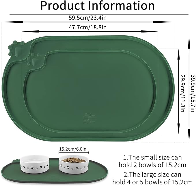 KPWACD Pet Placemat for Dog and Cat, Waterproof Silicone Dogs Feeding Bowl Mat Prevent Food and Water Overflow, High-Lips Puppy Dish Mats Suitable for Small Medium Big Pets, Hunter Green, 24" * 16"