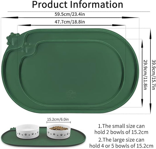 KPWACD Pet Placemat for Dog and Cat, Waterproof Silicone Dogs Feeding Bowl Mat Prevent Food and Water Overflow, High-Lips Puppy Dish Mats Suitable for Small Medium Big Pets, Hunter Green, 24" * 16"