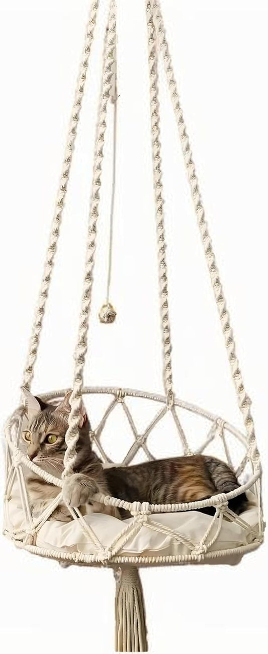 Macrame Hanging Cat Hammock Bed Handwoven Hanging Boho Cat Bed with Hanging Kit for Indoor Outdoor Home Decor Boho Cats Perch Bed for Sleeping Playing Climbing and Lounging for Cats Up to 11 lbs 03