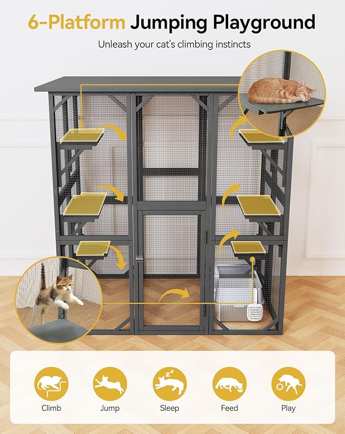 Catio Outdoor Cat Enclosure, 71" Large Cat House for Multiple Cats with Waterproof Roof, 3 Tier Cat Cage with 6 Platform for Patio, Yard, Graden