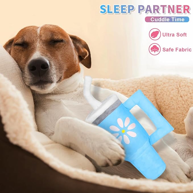 Squeaky Dog Toy - Crinkle Pup Cup Tumbler Plush Dog Toy with Cute Daisy Design for Small Medium Breeds, Funny Interactive Puppy Birthday Gift (Blue)