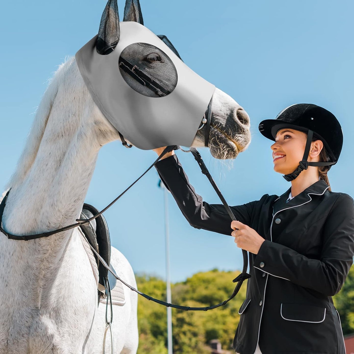 Frienda 4 Pcs Horse Fly Masks with Ears Head Fly Masks for Horses Smooth Elastic UV Protection Cover from Summer Insect Pests(Medium,Black, Gray, Blue, Mint Green)