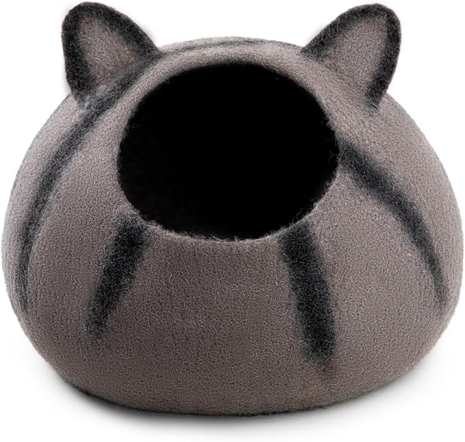 Woolygon Wool Cat Cave Bed - Handcrafted 100% Merino Wool, Eco-Friendly Felt Cat Cave for Indoor Cats and Kittens (Tabby Ears)