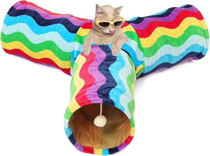LUCKITTY Cat Tunnel - 3 Way-Shaped, Rainbow Wave Color, Soft Velvet Exterior, Oxford Fabric Fog-Proof Interior, Plush Toy Ball, Easily Washable, Conveniently Foldable