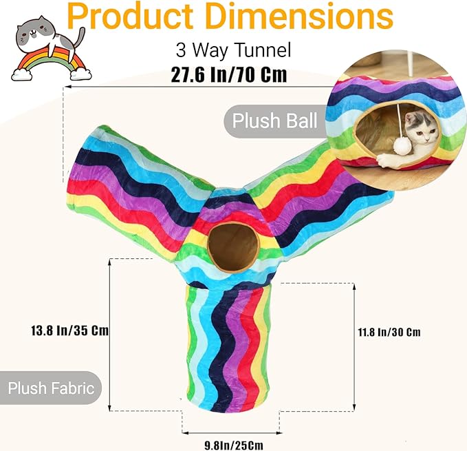 LUCKITTY Cat Tunnel - 3 Way-Shaped, Rainbow Wave Color, Soft Velvet Exterior, Oxford Fabric Fog-Proof Interior, Plush Toy Ball, Easily Washable, Conveniently Foldable