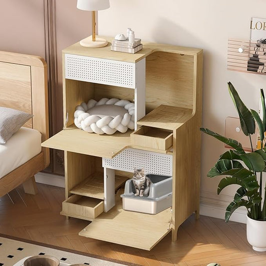 Cat Litter Box Enclosure Furniture Hidden Indoor 2-in-1 Wooden Cat House & Washroom Cabinet with Drawer for 2 Cats, 31.4"x15.7"x44.8"H