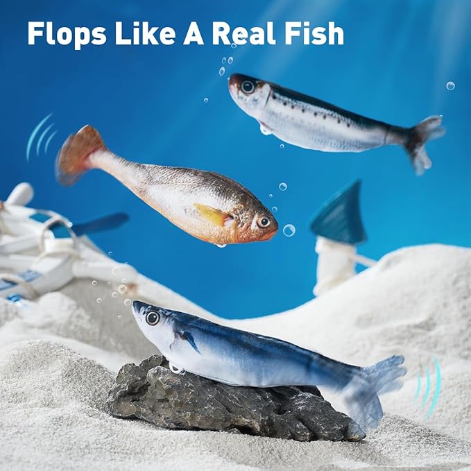 Bite-Sized Realistic Flopping Fish Cat Toys, 3 Pack, Interactive Cat Toys for All Breeds, Tap-Activated 3 Flapping Mode, Sardine/Saury/Yellow Croaker, 7.1 Inches, with Catnip, Rechargeable