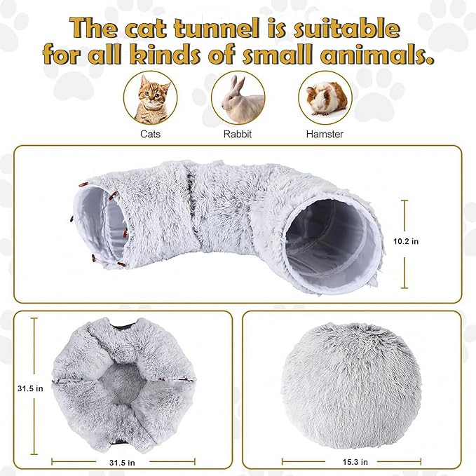 CLKHOWL Cat Tunnel Bed for Indoor Cats - Cute Cat Donut Tunnel with Washable Circle Cushion, Round Pet Play Toy for Kitten/Puppy/Rabbit, Grey