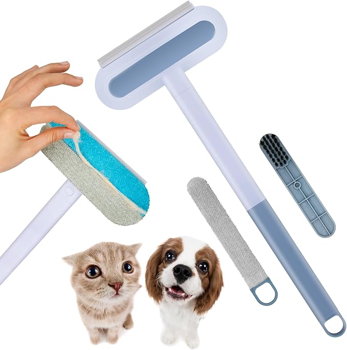 Pet Hair Removal Tool, 4 in 1 Reusable Washable Lint Brush for Cat and Dog Hair Remover, Gentle on Furniture with Extra Long Handle for Couch, Carpet, Clothing, Bedding, Car, Window
