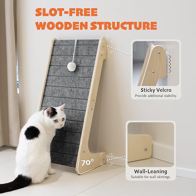 PETKARAY Felt Cat Scratcher, L Shaped Scratching Pad, Scratch Resistant Carpet Scratcher Ramp, Slot-Free Scratch Board with Toy Ball, Dark Grey