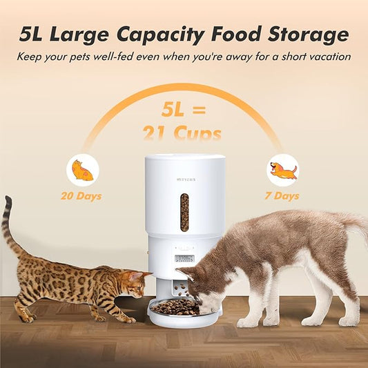 Automatic Cat Feeder - 5L Anti-Clog Cat Food Dispenser with Freshness Preservation, 1-6 Meals/Day, Programmable Portions, 10s Voice, 180-Day Battery Life, Auto Pet Feeder for Multi Cats & Dogs