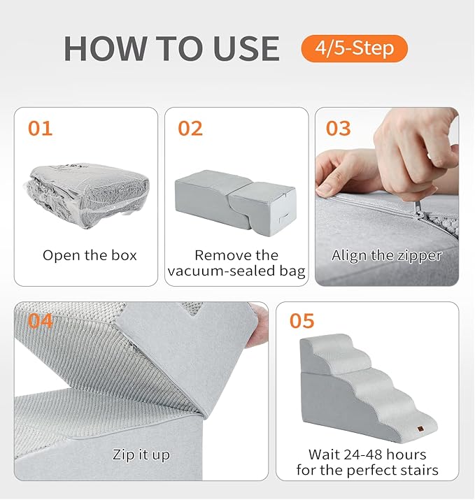 Made4Pets Dog Stairs Ramp for Bed, 4-Step Dog Steps for High Bed Couch Sofa Climbing, 35D Foam Pet Steps for Small Dogs and Cats, Non-Slip Bottom Pet Stairs, Light Grey