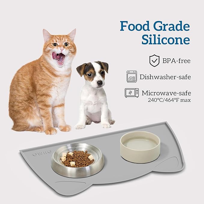 OHMO - Cat Food Mat, Silicone Pet Feeding Mat for Floor Non-Skid Waterproof Dog Water Bowl Tray, Easy to Clean Pet Placemat (Ash, 18 * 9.8'')