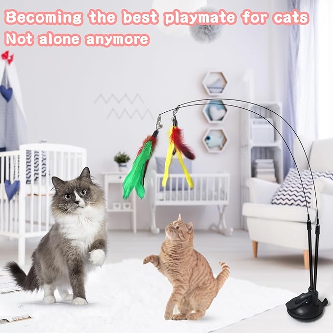 4-in-1 Interactive Cat Toy for Indoor Cats – Retractable Cat Wand, 2-Pole Suction Cup, Catnip Pillow, 14+ Accessories – Self-Play & Interactive Cat Feather Toys with Safe Durable Materials