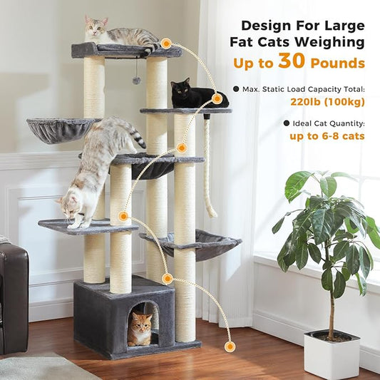 Heavy Duty Cat Tree for Maine Coon – 67" Tall Cat Tower with 13 Thick (φ4.3) Scratching Posts, XXL Cat Condo with Super Large Perch & Cozy Hammocks, Engineered for Big Cats (20+ lbs) - Gray