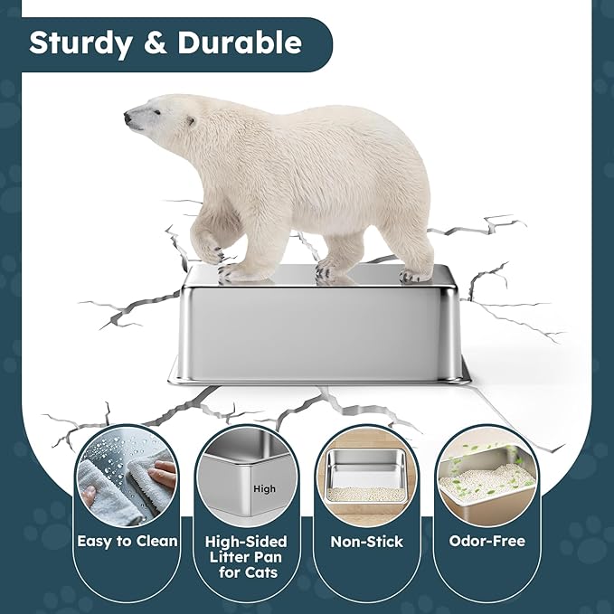 2 Pack Stainless Steel Cat Litter Box - Metal High-Sided Litter Pan for Cats, Rabbits, and Pets, Non-Stick, Odor-Free, Easy to Clean, Splash-Proof, Sturdy and Durable Indoor Cat Toilet Supplies