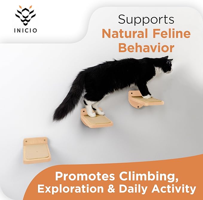 INICIO Cat Wall Stairs, Natural Wood - Set of 3 Wall Steps for Cats to Climb with Fixtures, 9.3"x4.7" - Floating Steps for Climbing or Playing - for Kittens and Adult Cats