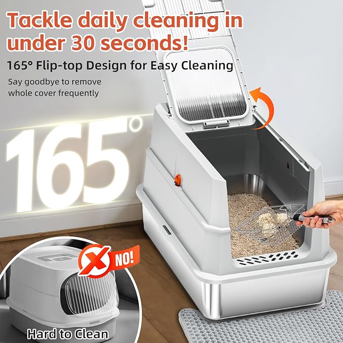 Stainless Steel Litter Box with lid,165° Flip-Top Large Enclosed Cat Litter Box with Metal Litter Scoop & Cat Litter Mat.Non-Sticky, Non-Odor, Easy Cleaning-Light Gray