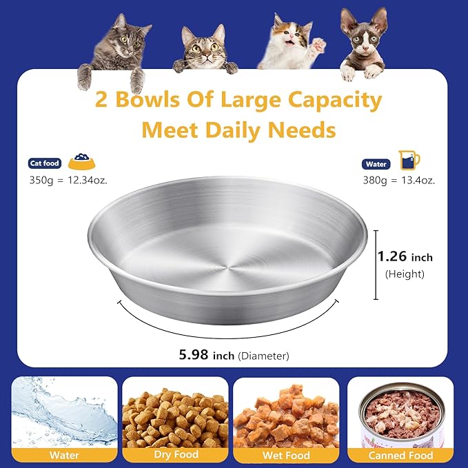 6-Pack Stainless Steel Cat Food Bowls – Deep Whisker-Friendly Non-Slip Silicone Base,Easy to Clean Indoor Feeding Dishes(5.9")
