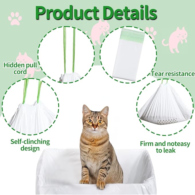 28 Count Cat Litter Box Liners with Holes, Cleaning Supplies with Durable Drawstring, Heavy Duty Self-Cleaning Cat Litter Bags, Thick Scratch Resistant (28)