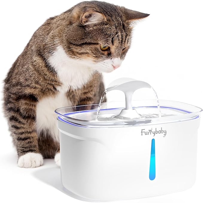 furrybaby Cat Water Fountain - 84oz/2.5L Automatic Pet Water Fountain for Cats Indoor with LED Light and Water Level Window Intelligent Pet Water Dispenser for Cats with Filter (Rectangular, White)