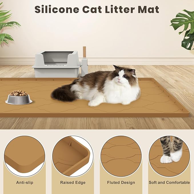 Cat Mat for Litter Box, 38" X 26" Silicone Cat Litter Trapping Mat, Easy Clean for Scatter Control, Soft on Kitty Paws, Waterproof, Urine-Proof, Non-Slip Kitty Litter Mat for Floor, Brown