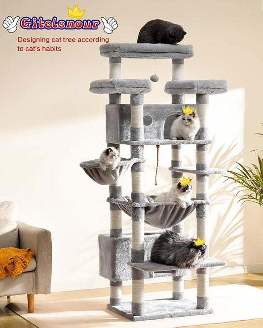 Cat Tree for Indoor Cats Large Adult, 74" Cat Tower with 3 Big Platforms, 2 Baskets, 2 Condos, Multi-Level Cat Scratching Posts, Light Gray GCT030W