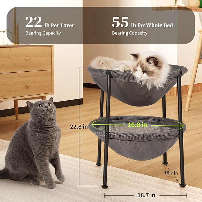 Double Cat Bed Grey, Breathable Kitty Bed for 2 Cats with 4 Adjustable Feet & Anti-Slip Mats, Easy Assembly Cat Hammock for Multi-cat Household, Indoors & Outdoors, 22.8 in x18.7 in x 18.7 in