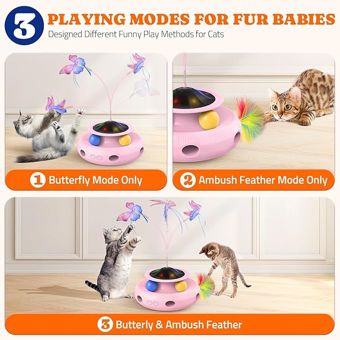 Interactive Cat Toy: 3 in 1 Automatic Cat Toy for Indoor Cats, Electric Kitten Toy with Rechargeable Battery, Self Play Kitty Toys with Rotating Fluttering Butterfly,Track Ball and Ambush Feather,Pink