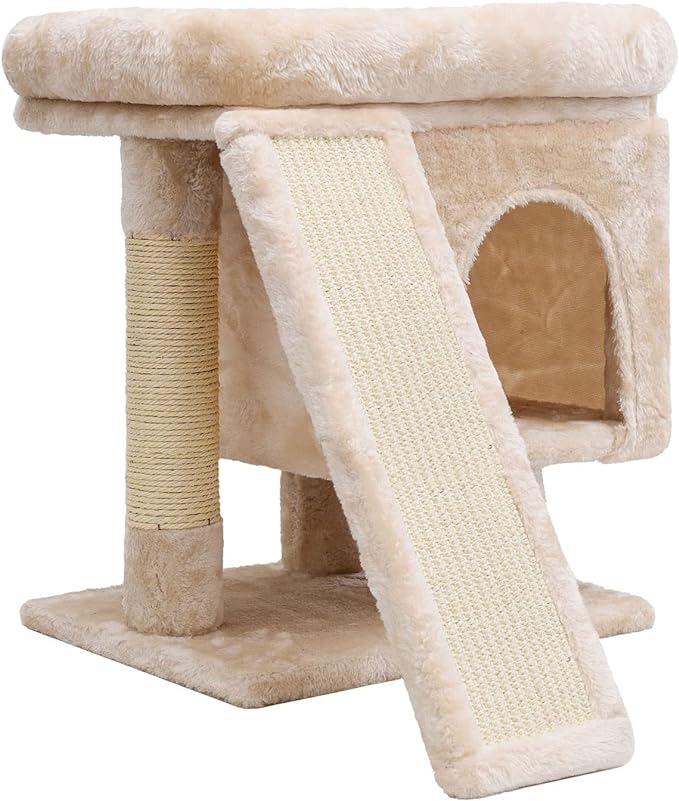 SYANDLVY Small Cat Tree for Indoor Large Cats, Kittens Condo with Scratching Post and Board, Modern Activity Tower with Cave (Beige)