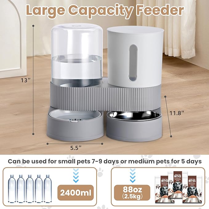 Automatic Dog Cat Water Dispenser Gravity Feeder and Water Dispenser Stainless Steel 2-in-1 Set Large Capacity Dispenser for Pets Dogs, Puppies, Kittens（Grey）
