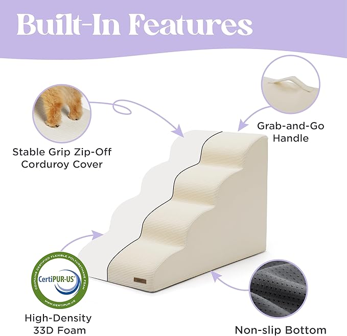 Lesure Dog Stairs for Large Dogs Pet Steps Ramp for High Bed with CertiPUR-US Certified Foam with Non-Slip Bottom, Beige, 5 Steps