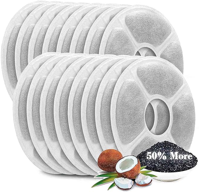 Cat Water Fountain Filters 16 Pack,50% More Activated Carbon, Genuine Cat Flower Fountain Replacement Filters for Pet Dog Drinking Water Dispenser Triple Filtration (Not for Catit)