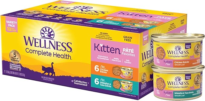 Wellness Complete Health Pate Kitten Wet Cat Food, Natural, Protein-Rich, Grain Free, 3 Ounce, 12 Pack, (Whitefish & Chicken Variety Pack)