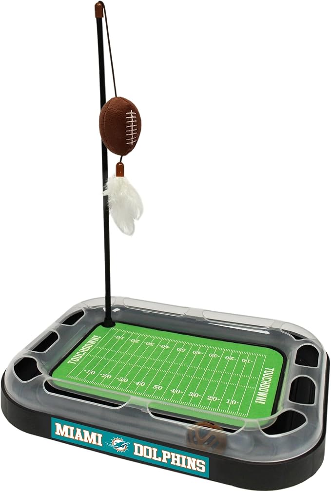 Cat Football Field NFL MIAMI DOLPHINS FOOTBALL FIELD CAT SCRATCHER TOY with CATNIP Filled Plush FOOTBALL Toy & Feather Cat Toy hanging, with Jingle Bell INTERACTIVE BALL Cat Chasing 5-in-1 KITTY Toy