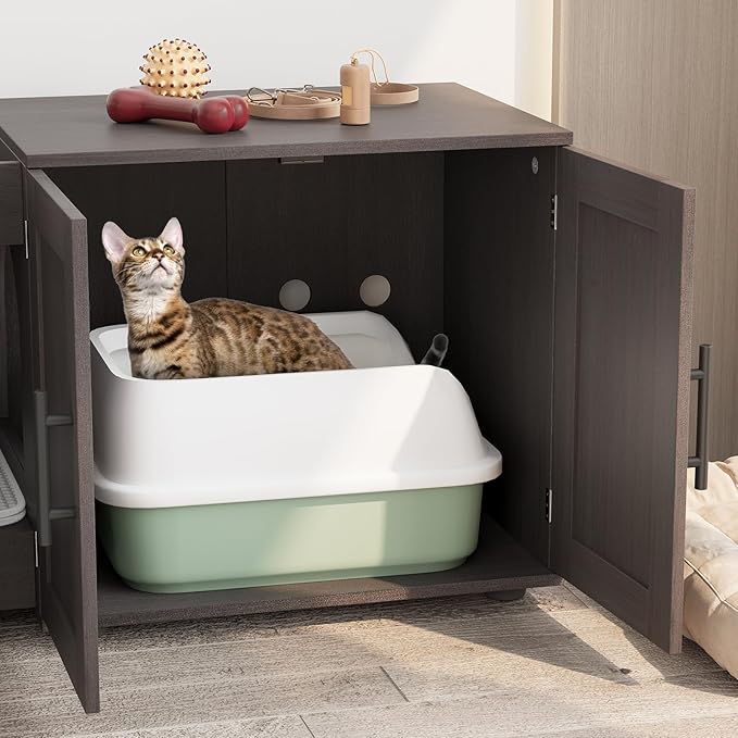Double Litter Box Enclosure, Litter Box Enclosure with Double Room,Cat Hidden Litter Box Enclosure Furniture for 2 Cats with Double Room, 55”L x 17.7”W x 22.5”H Cat House, Wooden Cat Litter Box