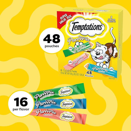 Temptations Creamy Puree Mix-Ups Squeezable Lickable Wet Cat Treats, Tuna Flavor, Salmon Flavor, and Seafood Medley Flavor, 0.42 oz. Tubes, 48 Count