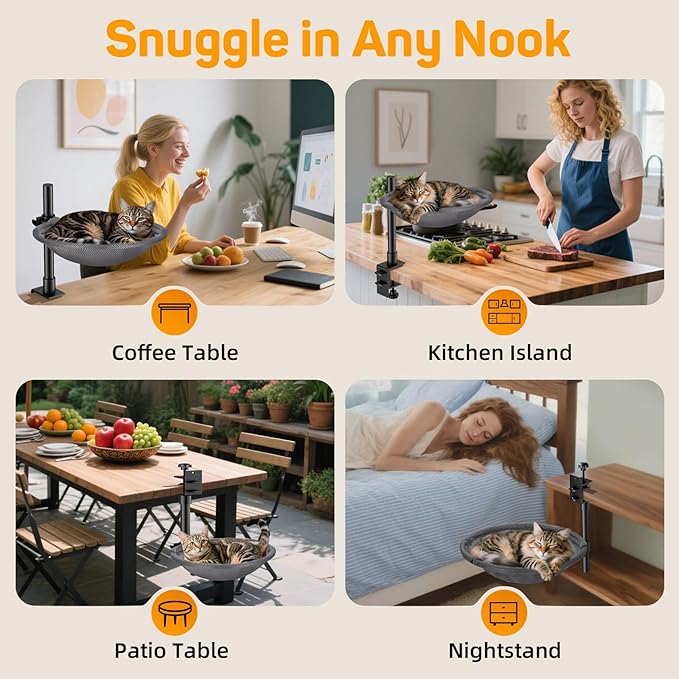 Cat Desk Bed & Perch - Breathable Soft Mesh Cat Hammock Nest for Home Office Desk, 360° Flexible Adjustable, Holds Up to 60 lbs for Gaming/Study Table (Grey)