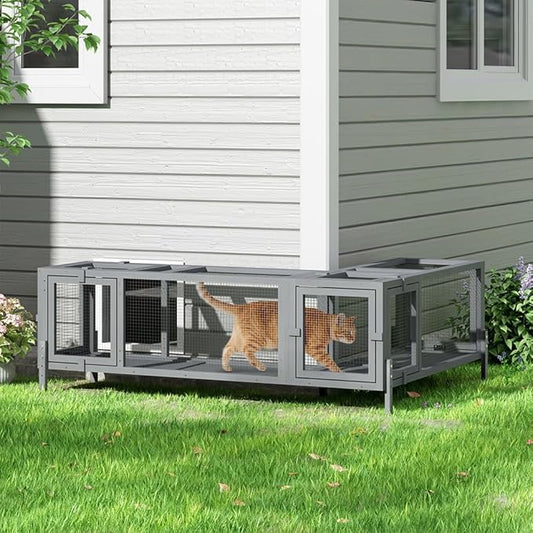 COZIWOW Wooden Cat Play Tunnel with Platforms | Configurable Window Catio | Multi-Combination Extendable Cat Run for Indoor/Outdoor Use | Small Pet Play Enclosure